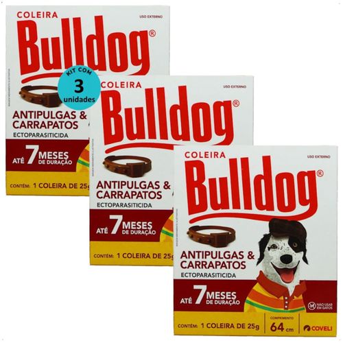COLEIRA ANTIPULGAS E CARRAPATOS BULLDOG 7 COM 64CM E 25G PARA CÃES COVELI KIT COM 3